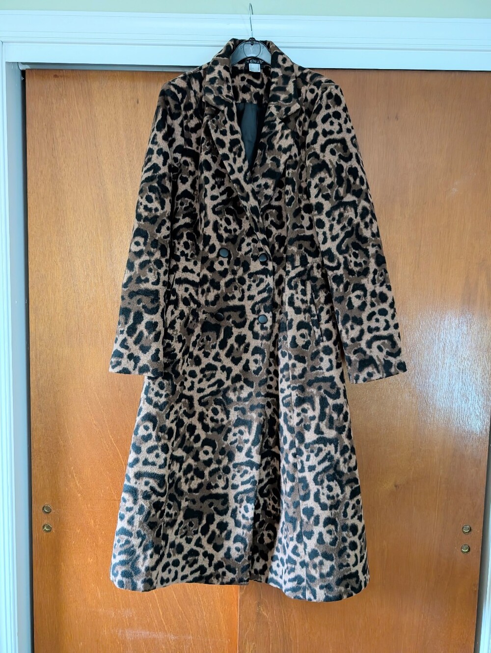 VENUS Women's Leopard Soft Faux Fur Print Trench Coat - Brown & Black